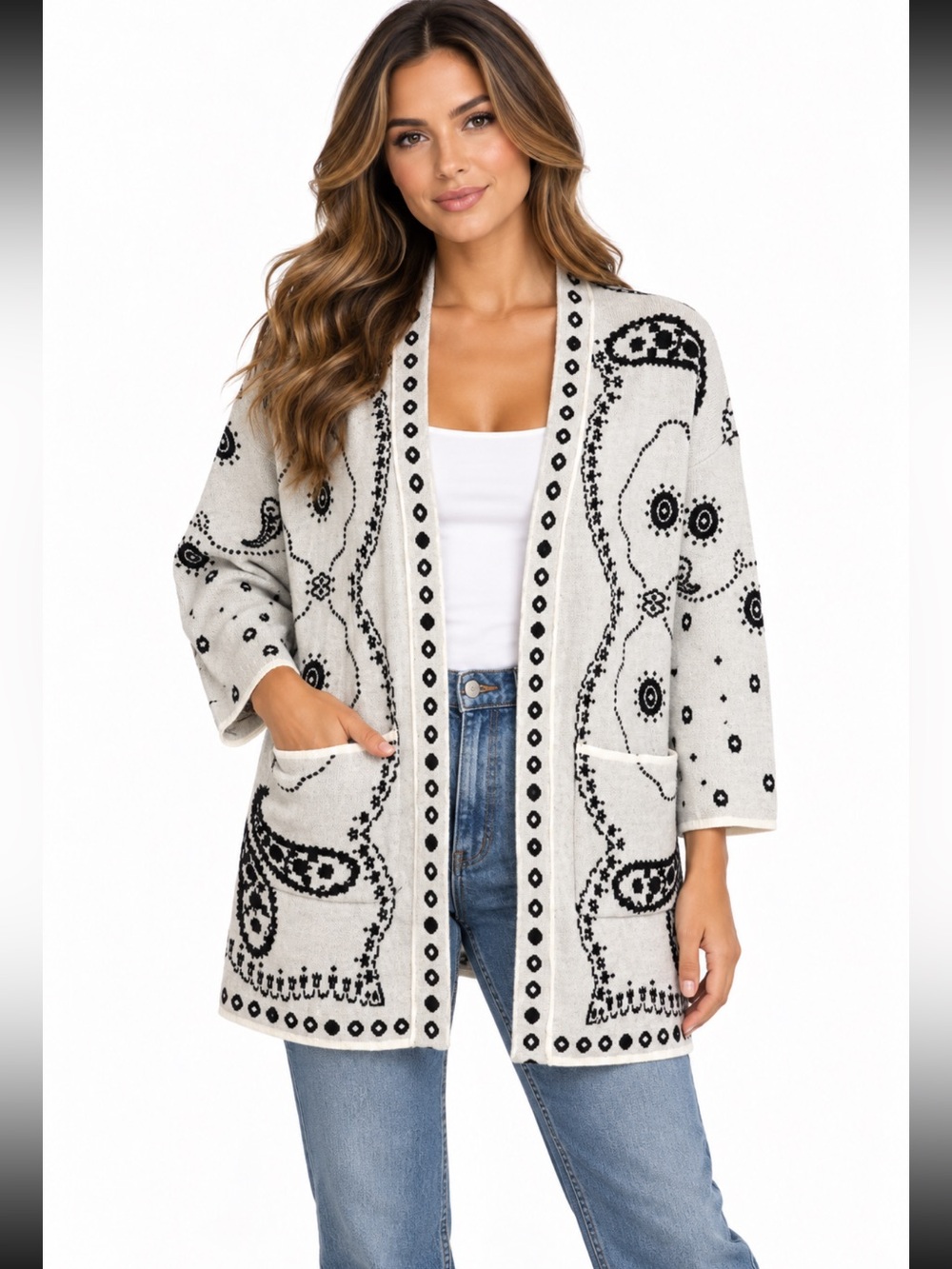 ESSITAM Cardigan Boho Soft Cardigan BLCKWhT Cashmere Cotton  NWT